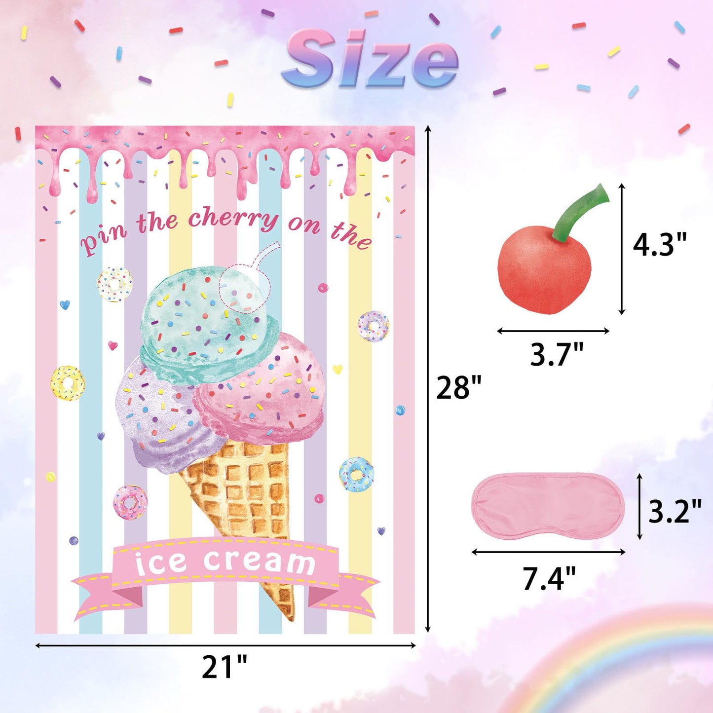 Pin The Cherry On The Ice Cream Game With 24 Pcs Cherry Stickers Games Poster For Kids Girls Birthday 21'' X 28''