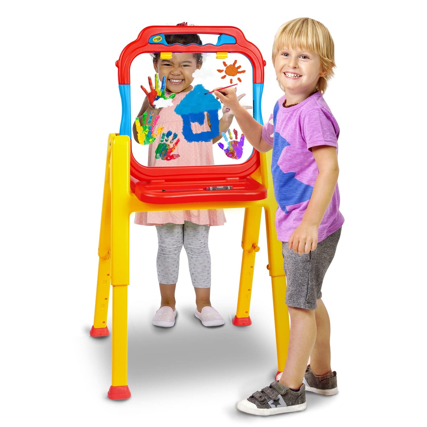 Crayola Triple-The-Fun See-Thru Easel, Finger Painting, Dry-Erase Crayon, Markers, and acrylics, Adjustable Height, Easy fold St