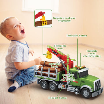 Mostop Logging Truck Toy for Kids, 15'' Yellow Plastic with Crane & 6 Trunks, Friction Powered, Model 666-80P, Perfect Birthday Gift