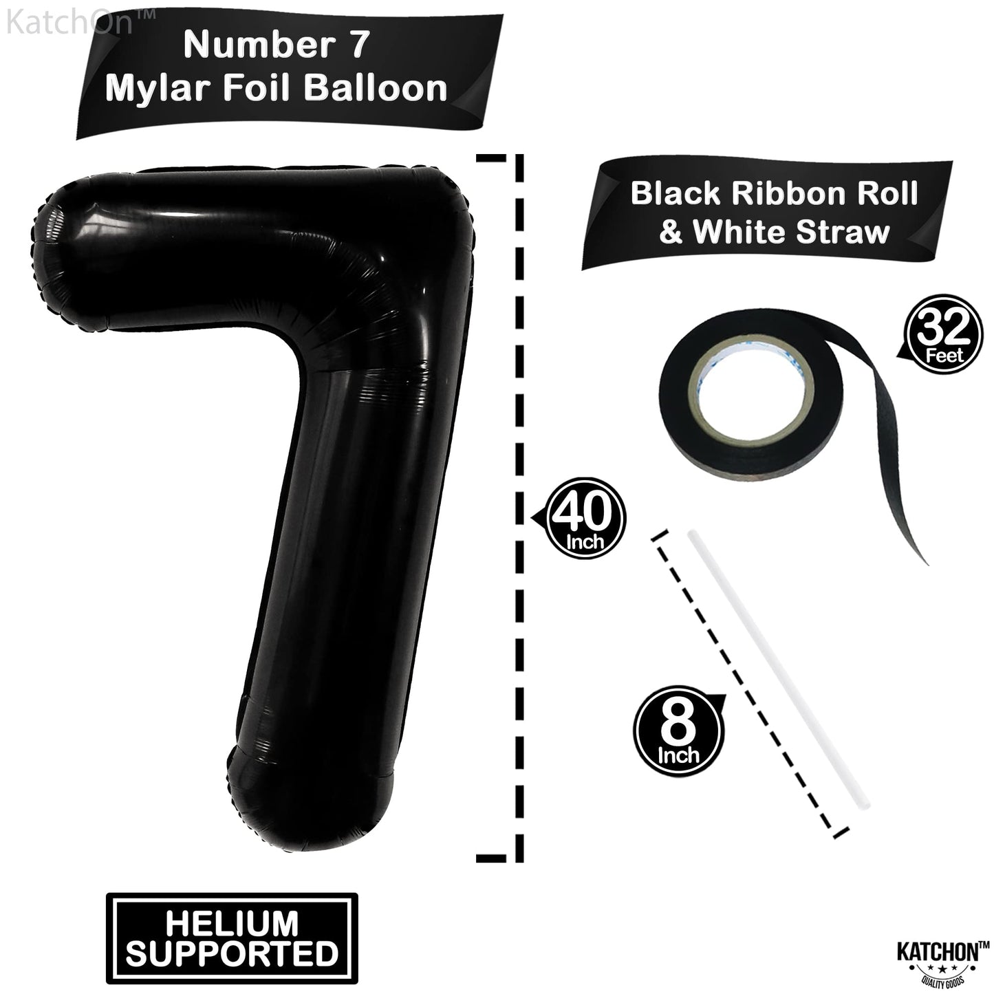 Katchon, Black 40 Inch Giant Number 7 Balloon - Birthday Decorations For 7 Year Old Boys & Girls