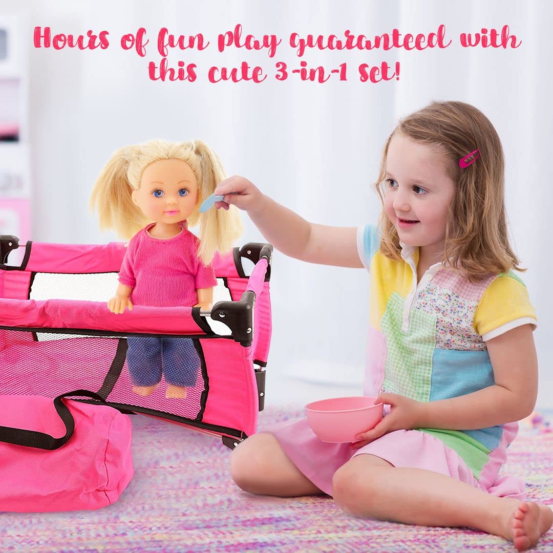 Pink Baby Doll Accessories Set - 3 In 1 Baby Doll Furniture Set With Baby Doll High Chair, Baby Doll Crib, Baby Doll Bouncer Seat, Baby Doll Bed Set For 18” Doll - Play Baby Doll Toys For 18' Dolls