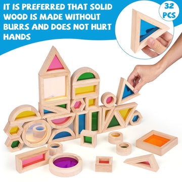 Wooden Rainbow Building Blocks For Kids 32 Pcs Rainbow Stacker Stacking Blocks Game Colorful Construction Toys Preschool Learning Educational Toys -Geometry Wooden Blocks For Boys & Girls