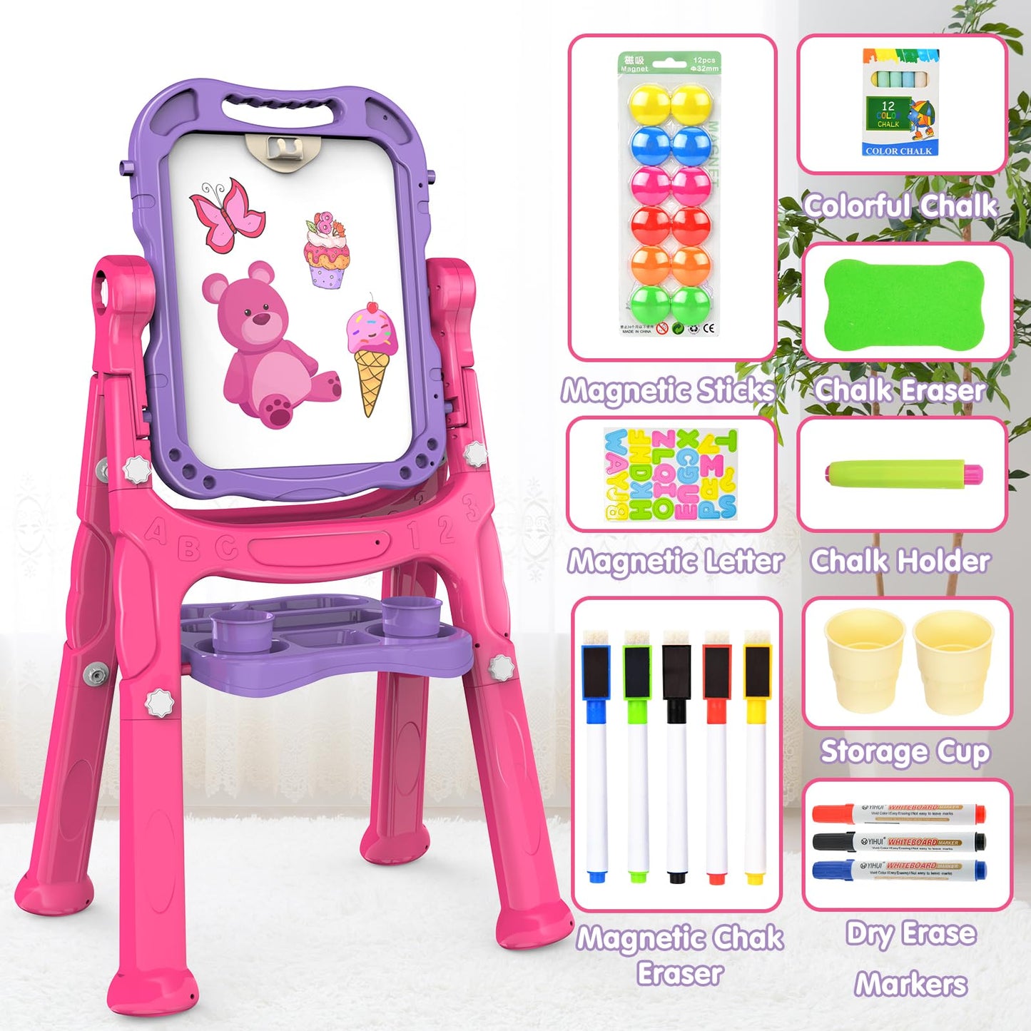 Amagoing Easel For Kids, Adjustable Standing Art Easel For Toddler, Double Drawing Board With Painting Accessories, Birthday Chr
