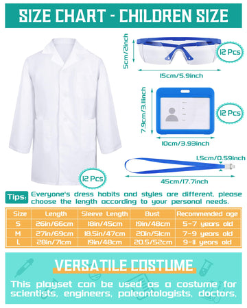 Xtinmee 12 Sets 36 Pcs Kids Lab Coat Set Halloween Doctor Costume With Goggles Id Card Science Dentist Doctor Dress Up Kit (Medi