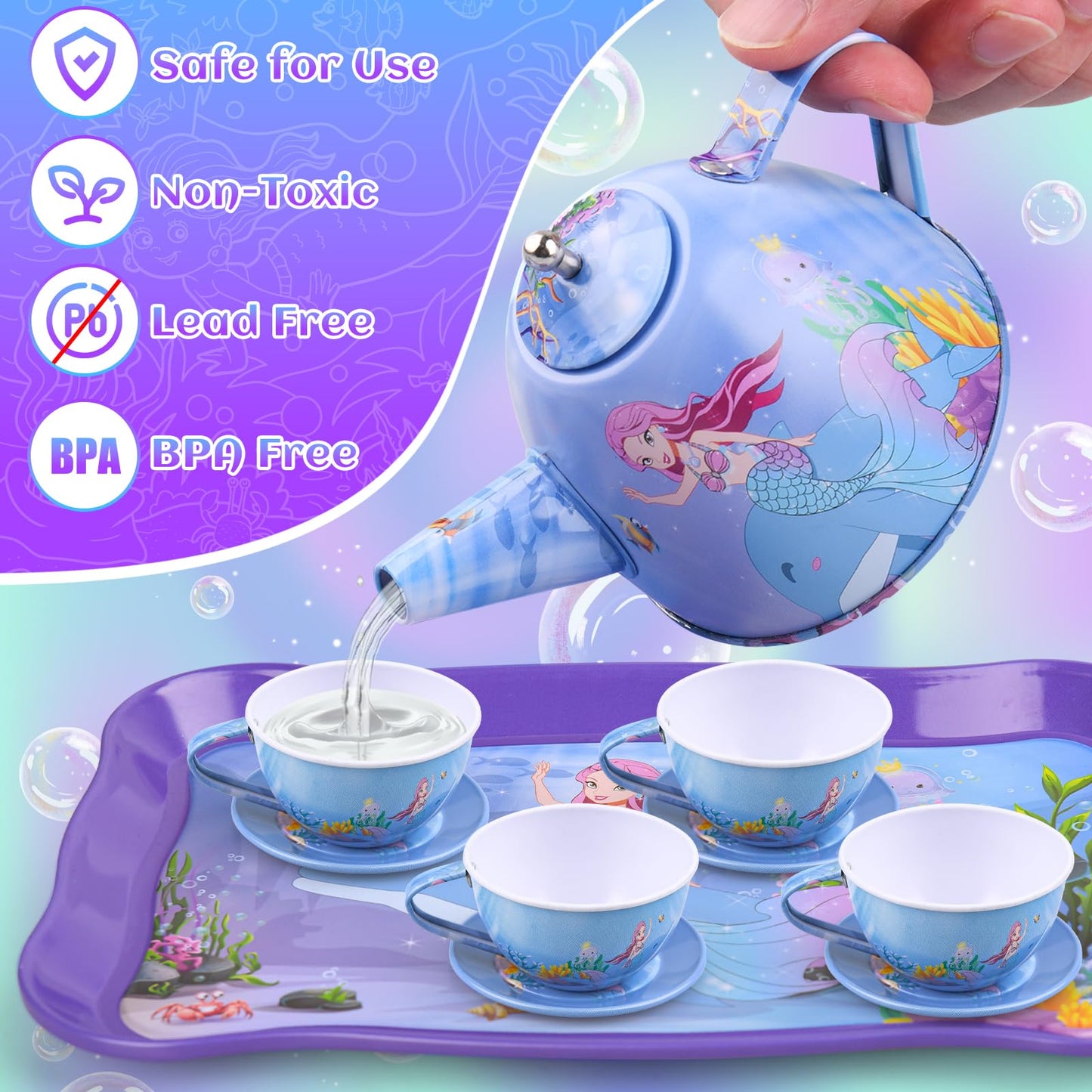 Auney 45 PCS Tea Set Toys for Girls, Mermaid Tea Party Set Toy Pretend Play Gifts for Little Girls, Girls Toys Gifts for Tea Tim