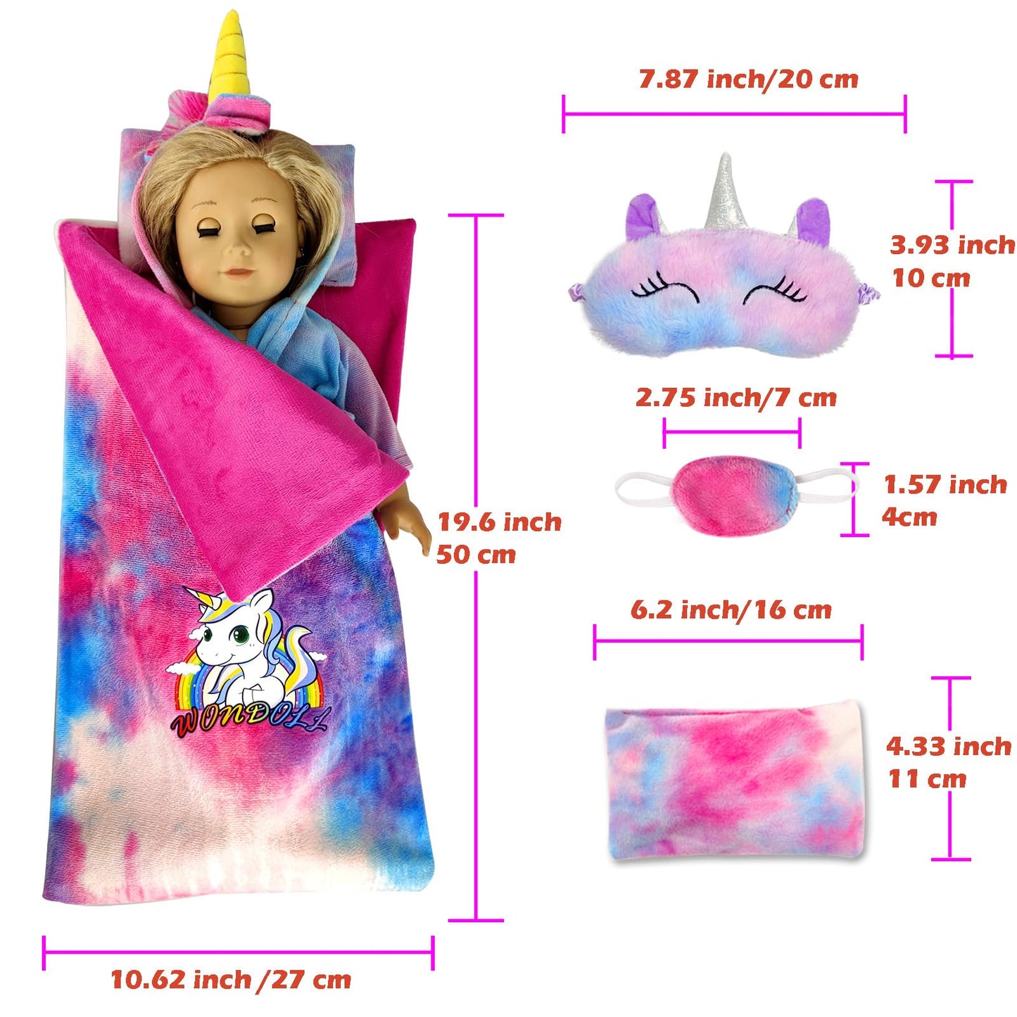 Wondoll 18-Inch Doll Clothes And Doll Sleeping Bag Set With Matching Sleepover Masks & Pillow