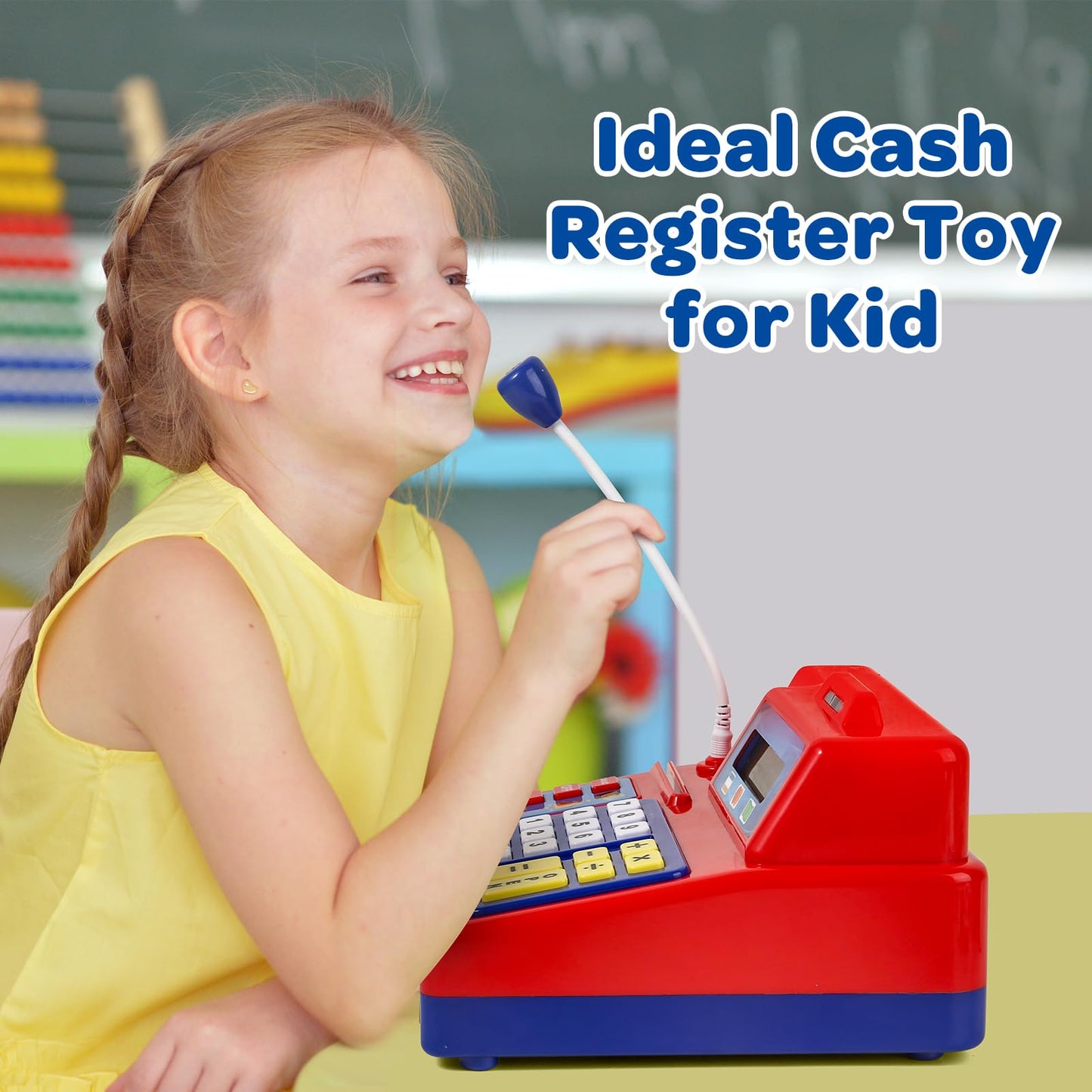 Pretend Play Calculator Cash Register - 73 Pcs Toy Cash Register, Microphone, Credit Card and Banking for Kids, Early Math Skill