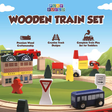 Play Build Wooden Train Set, Complete Toddler Train Set, Interactive Play & Learn Set, Creative Wooden Train Track Design, Premium Quality, Ages 3+ (100 Piece Set)