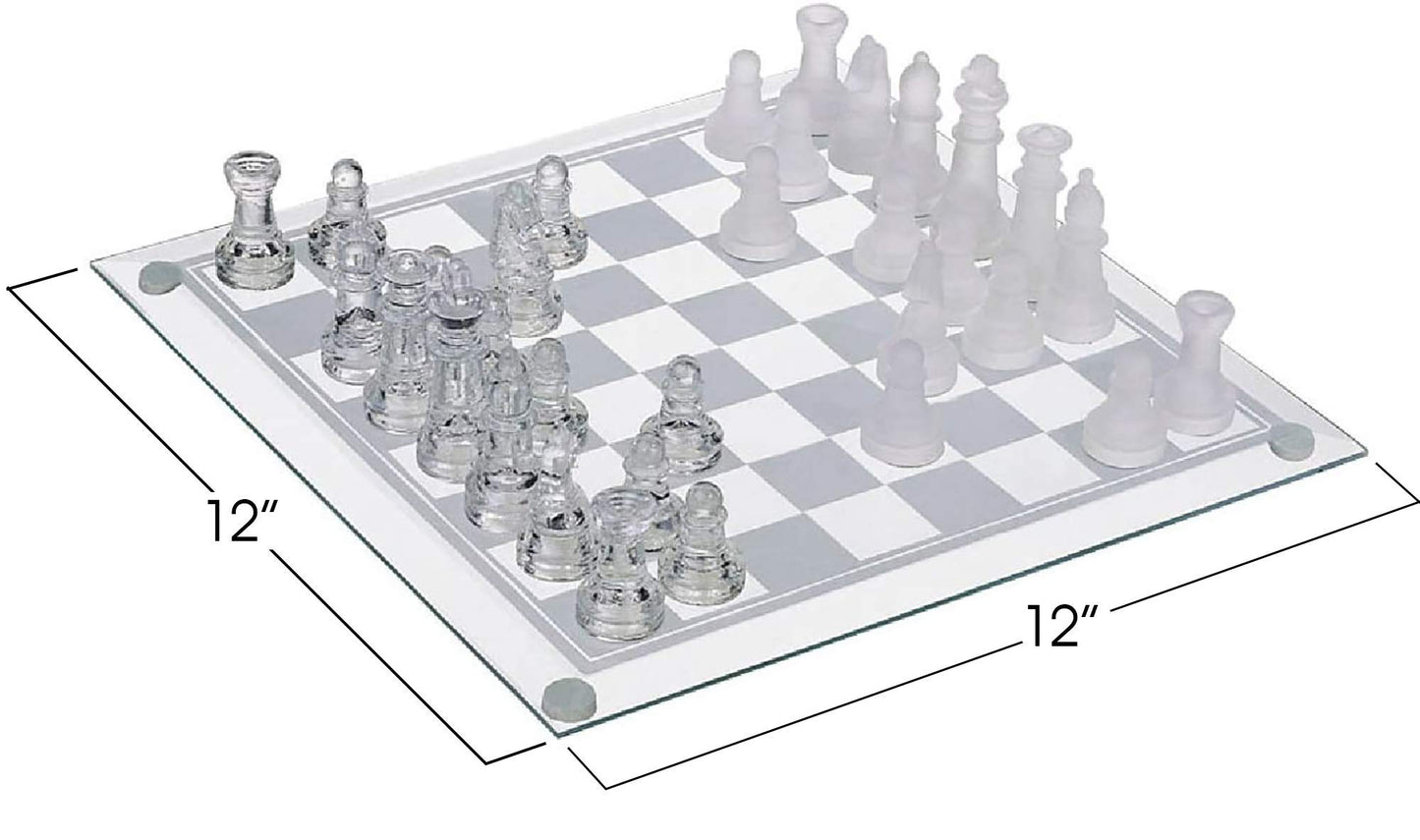 Gamie Premium Glass Chess Set, 12 Inch - Elegant Design - Durable Build - 32 Frosted And Clear Pieces - Felted Bottoms - Easy To Carry - Stable & Fully Functional For Chess Lovers