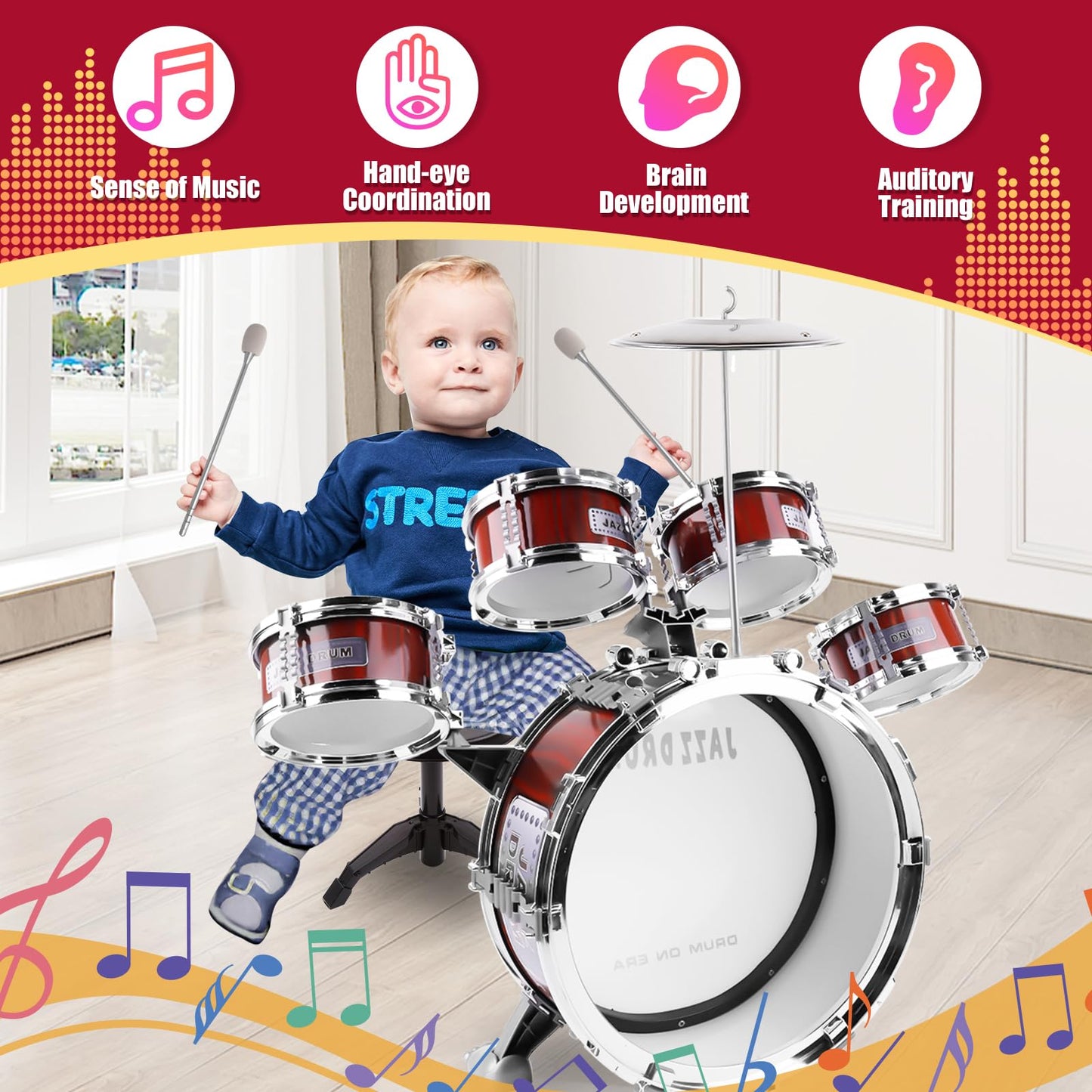 Oonewiser Kids Drum Set For Toddlers Toy- Musical Instruments Toys Drum Kit 9 Pcs With Stool, Bass Drum, 4 Small Drums Percussio