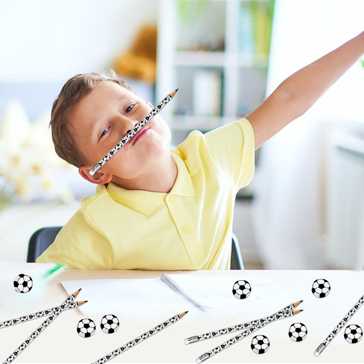 Moncinday 60PCs Soccer Pencils Soccer Erasers for Kids Wooden Pencils for Soccer Themed Birthday Party Favors Students Stationer