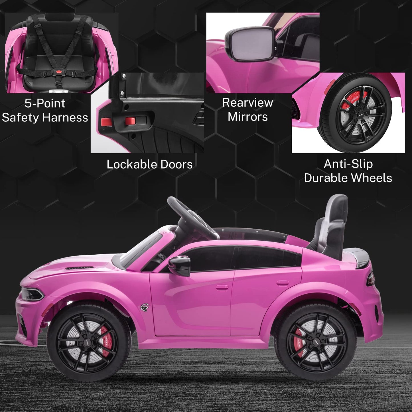 Enyopro 12V 7Ah Kids Electric Ride On Car, Licensed Dodge Charger Srt Hellcat, Battery Powered 4-Wheels Toy Car Electric Vehicle For Kids With Remote Control, 3 Speeds, Led Lights, Music (Pink)