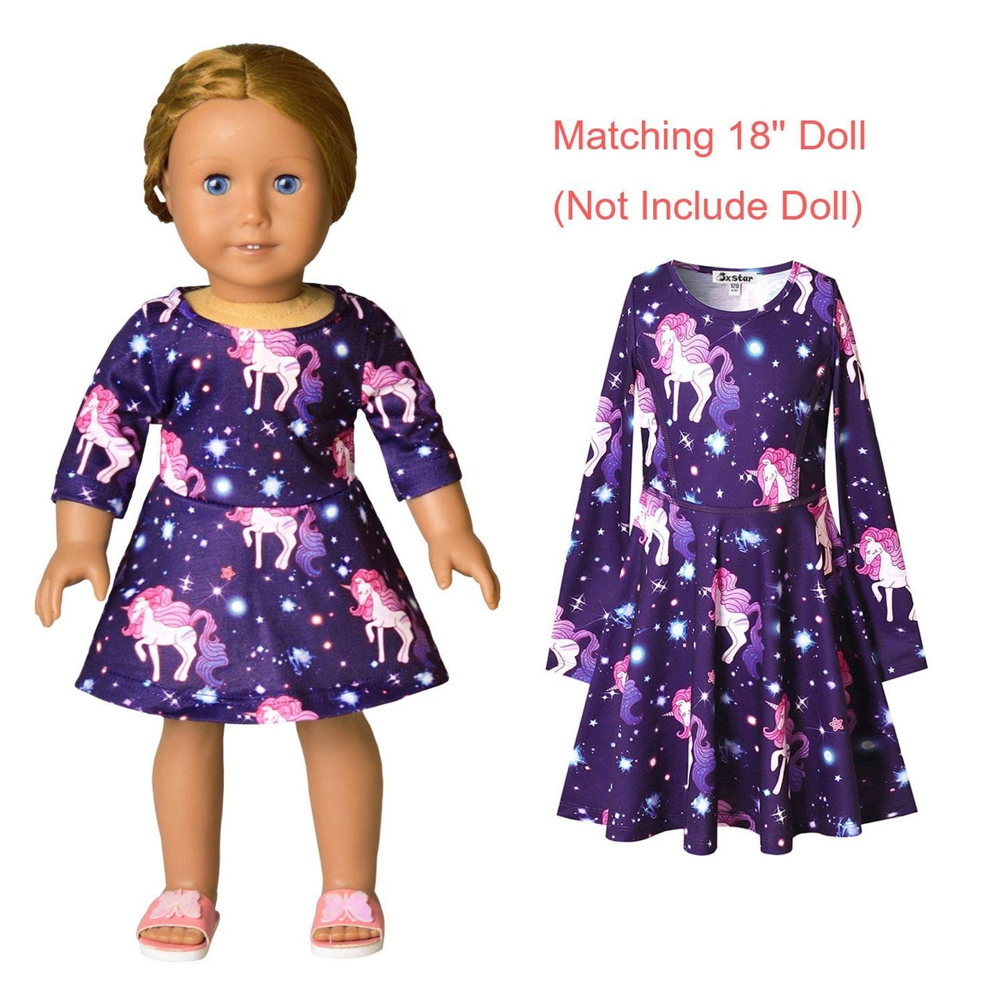 Star Unicorn Twril Dresses Matching Doll&Girls Long Sleeve Birthday Gifts 4T 5T