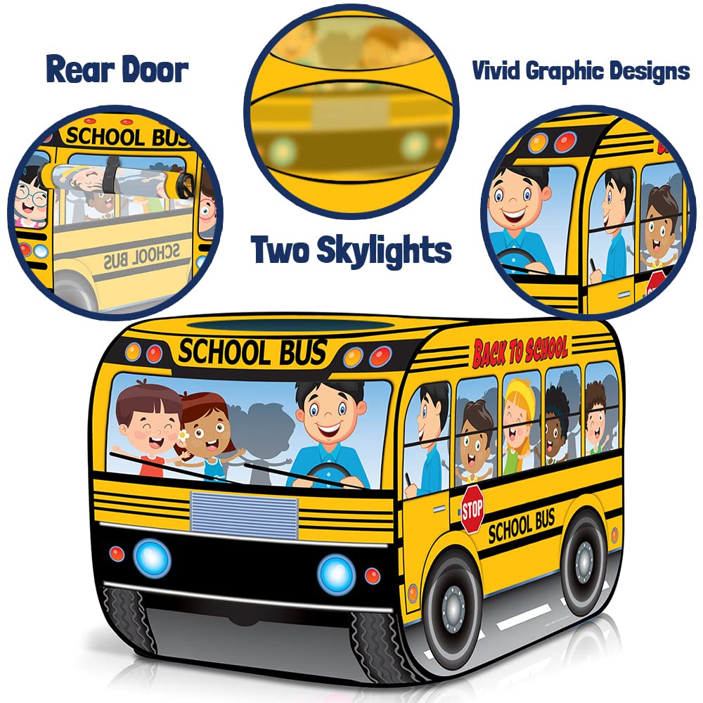 Artcreativity Yellow Pop Up School Bus Tent With Carry Bag - Indoor Playhouse With 2 Openings, Pop Up Bus Toy Play Tent - Compact Storage - 43.5 X 28 X 26.5 Inches
