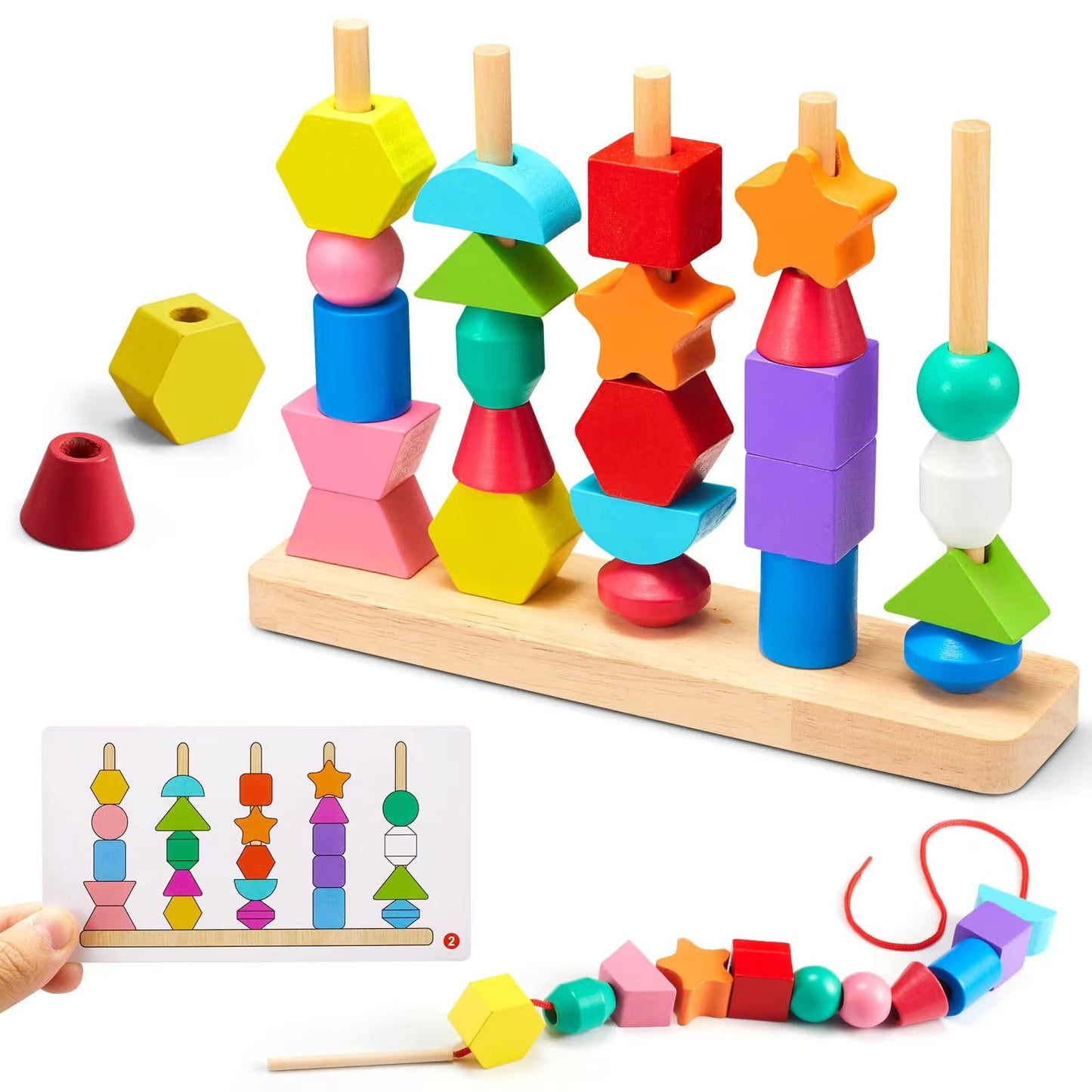 Zgimi Montessori Wooden Toys, Lacing Beads & Stacking Block & Matching Shape Stacker, Montessori Wooden Beads Sequencing Toy Set