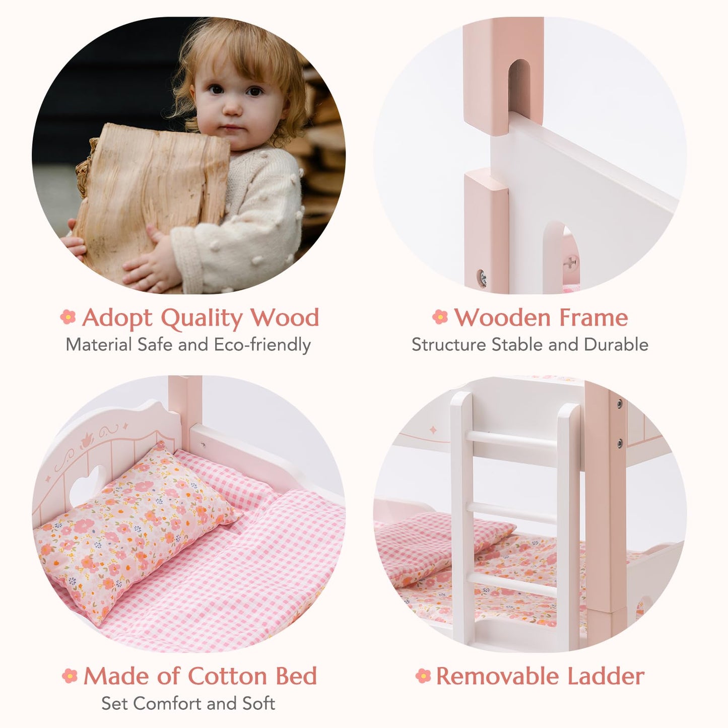 Robud Baby Doll Crib, Wooden Baby Doll Beds For 20 Inch Dolls, Baby Doll Bunk Beds With Tulle, American Girl Doll Bed For Gifts, Pink