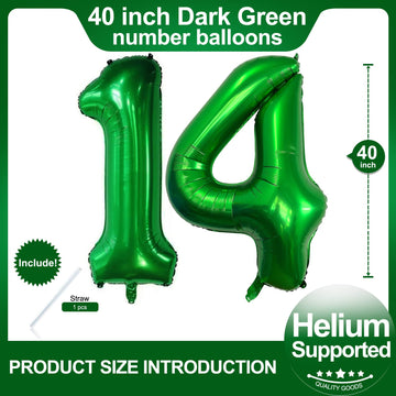 Number 14 Dark Green Balloons 40 Inch Giant Green 14 Numer Foil Helium Balloons For 14Th Green Birthday Party Supplies 41St Anni