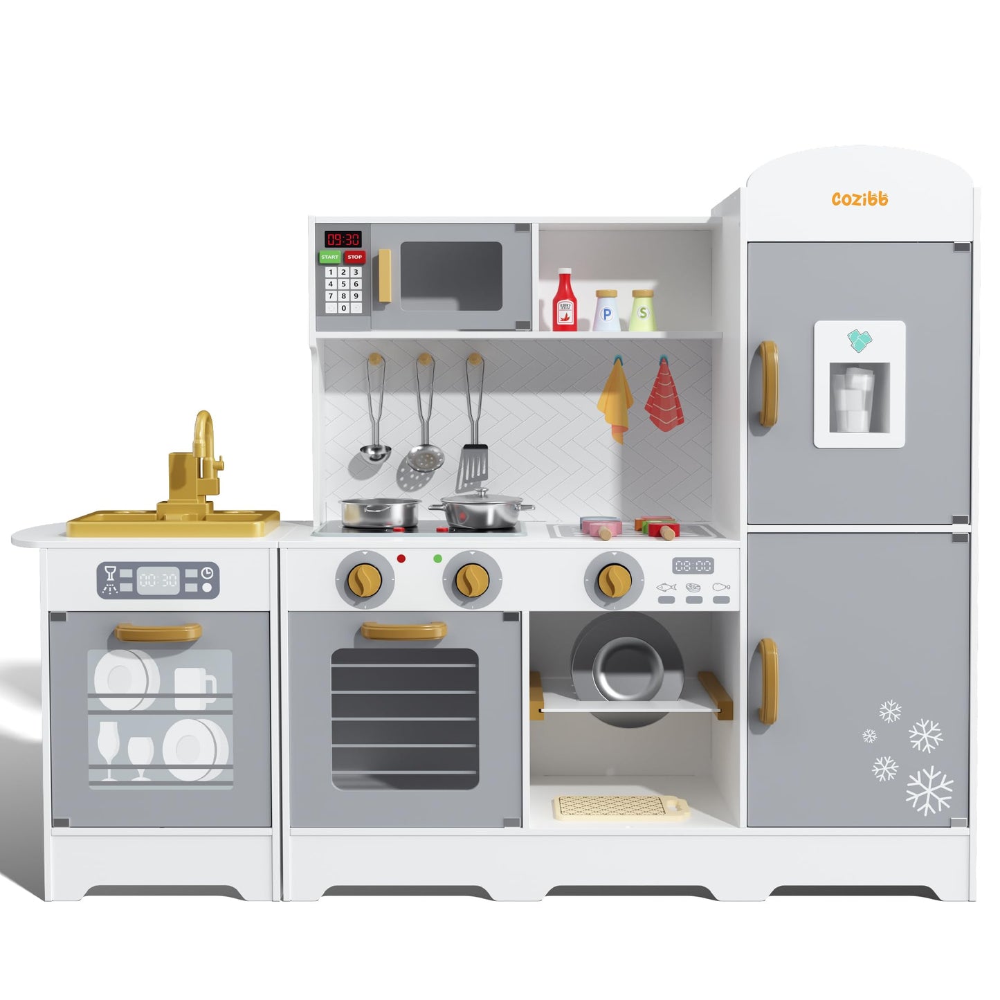 Cozibb Wooden Pretend Play Kitchen Set, Realistic Oven Faucet Microwave Ice Maker Bbq, With Lights & Sounds Features, 21 Accesso