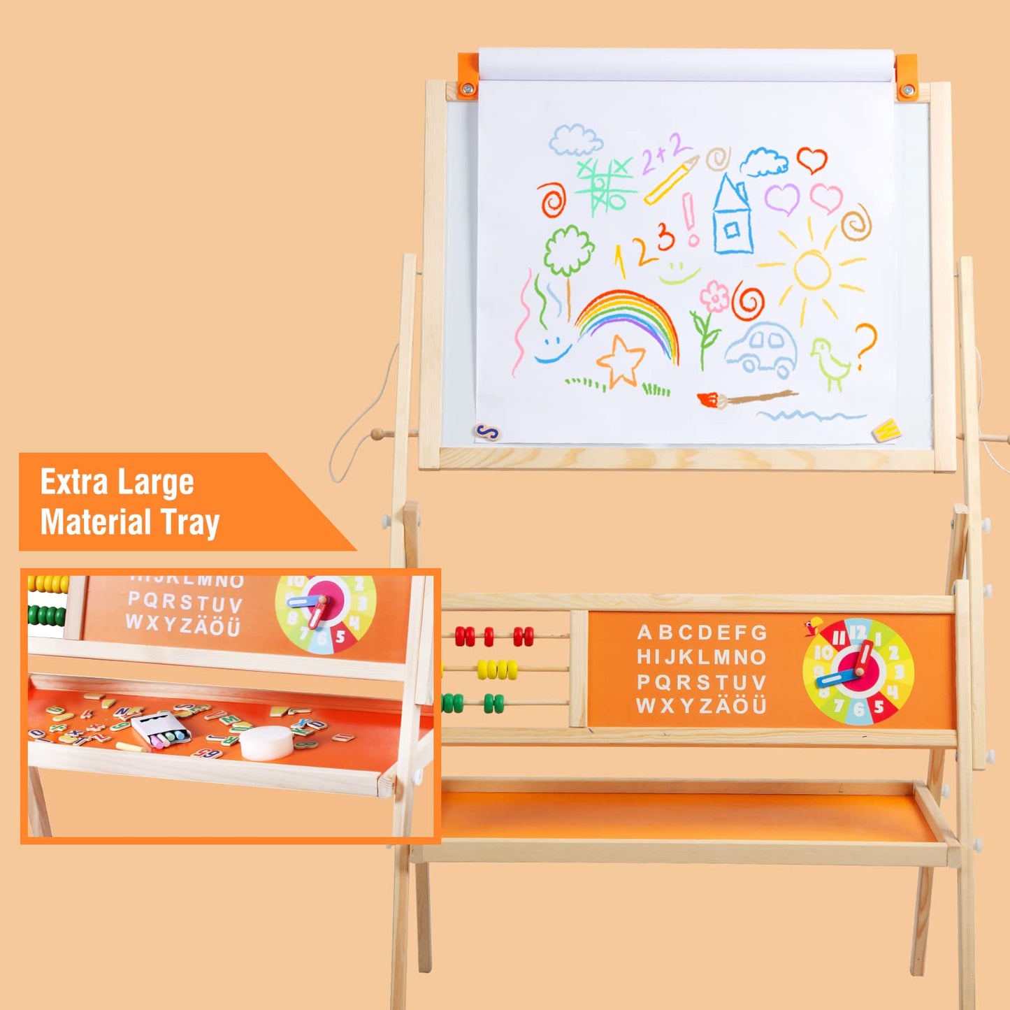 Omotiya 3-In-1 Wooden Easel For Kids, Toddle Double-Sided Easel With Magnetic Whiteboard And Painting Blackboard, 360° Rotatable, Paper-Roll Holder, Storage Tray, And Stickers Included