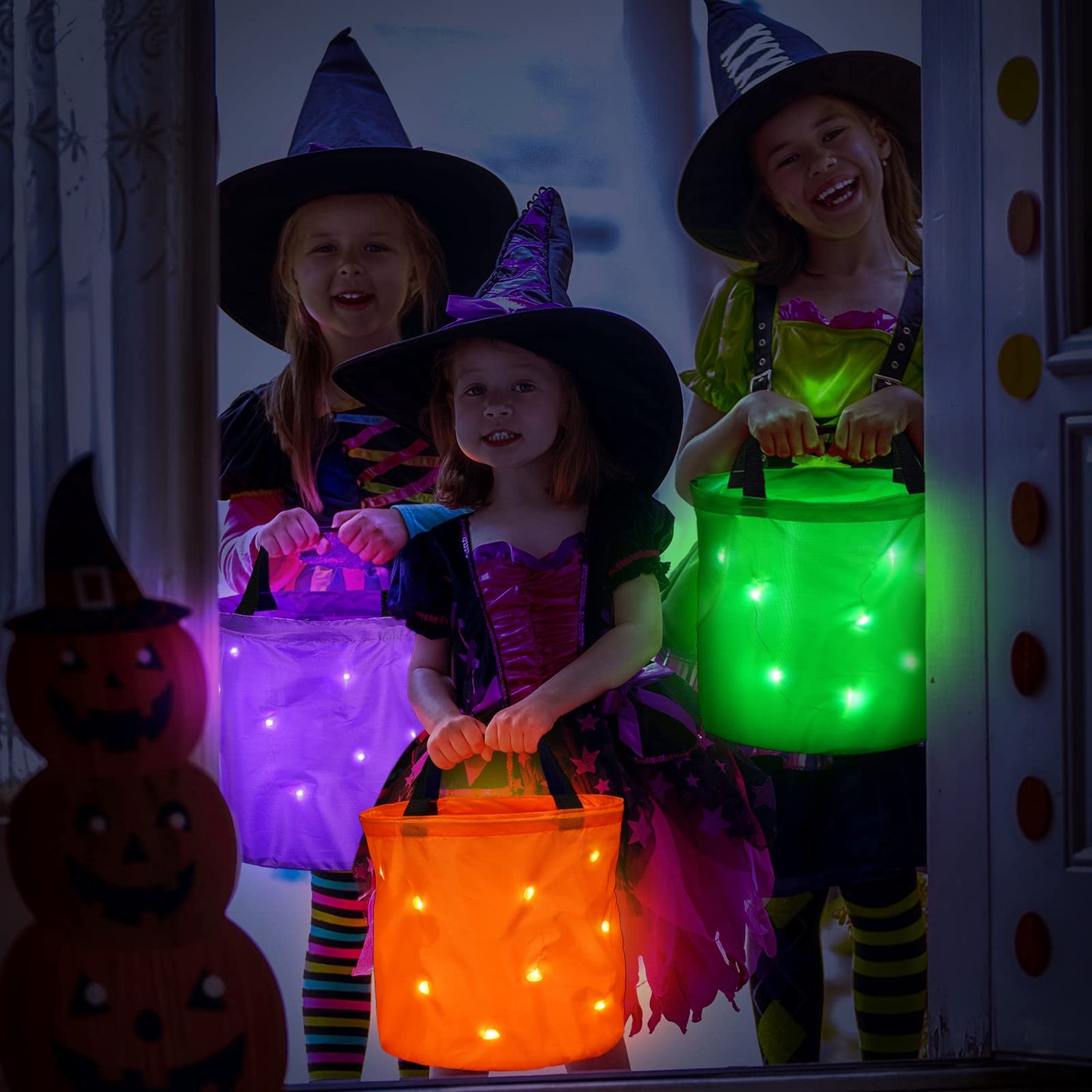 4 Pieces LED Light Up Halloween Buckets Candy Bags Light Up Halloween Trick or Treat Bags Party Favor Bags Multipurpose Reusable