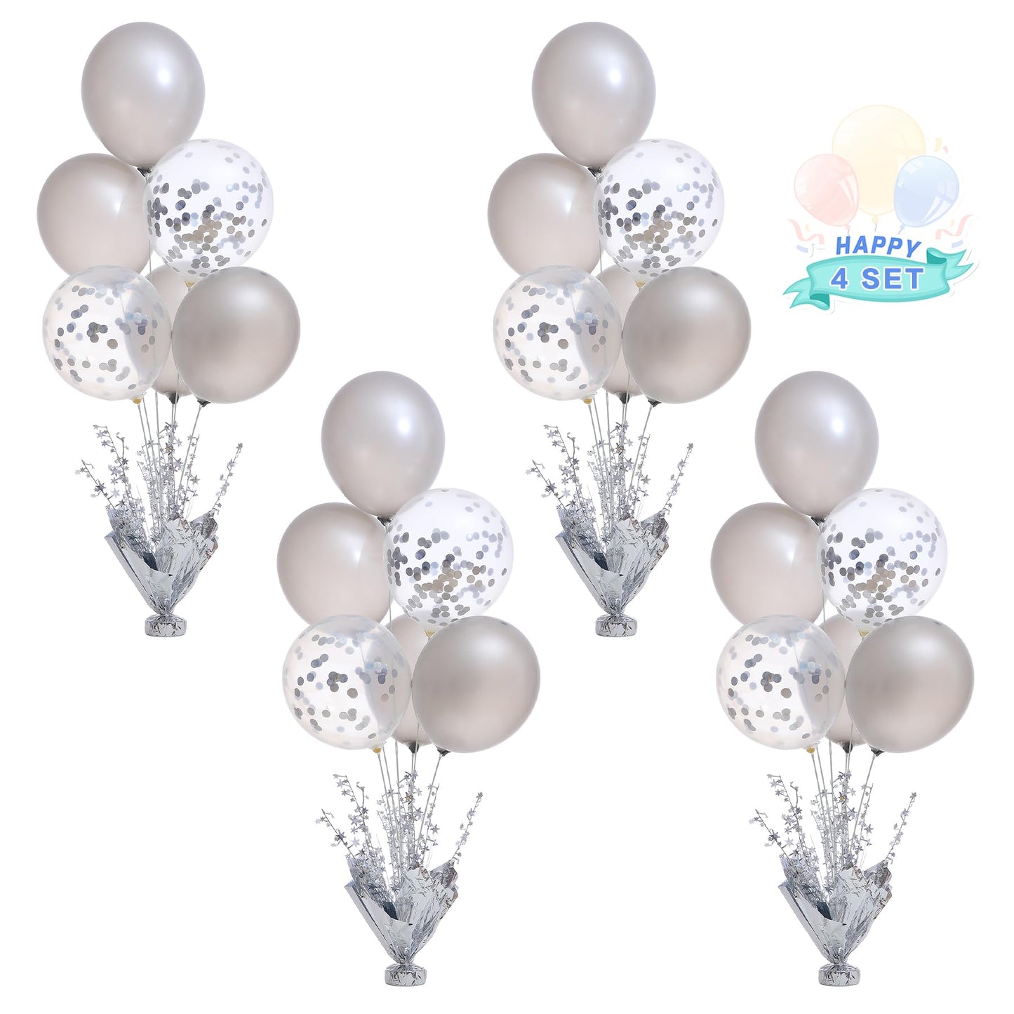 4 Set Silver Table Balloons Centerpiece Stand Kit With Silver And Confetti Balloons For Graduation Birthday Party Baby Shower Wedding Bridal Shower Prom Retirement Table Decorations