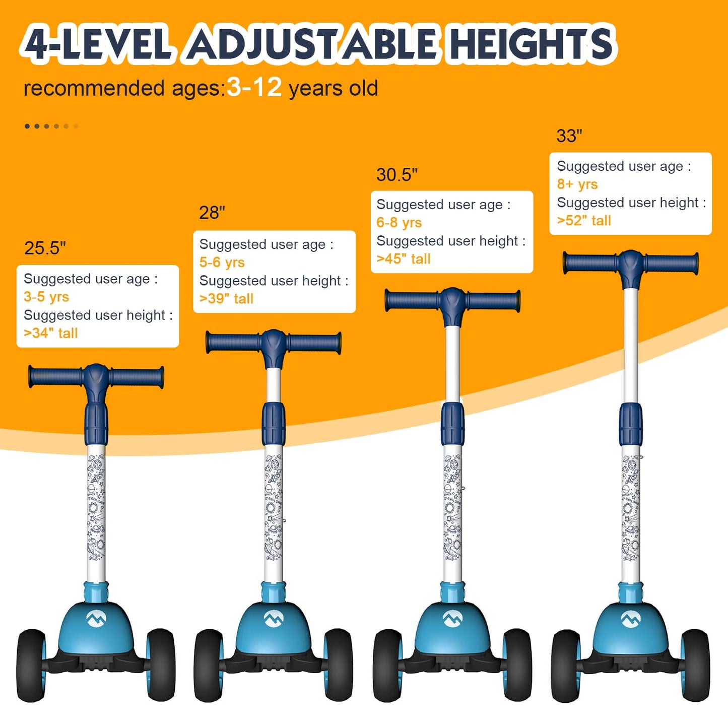 Toddler Scooter For Kids Ages 1-3/3-5/4-6 Years Old, 3 Wheels Foldable Kids Scooter For Age 6-10/8-12 With Adjustable Heights And Led Wheels(Blue Galaxy)