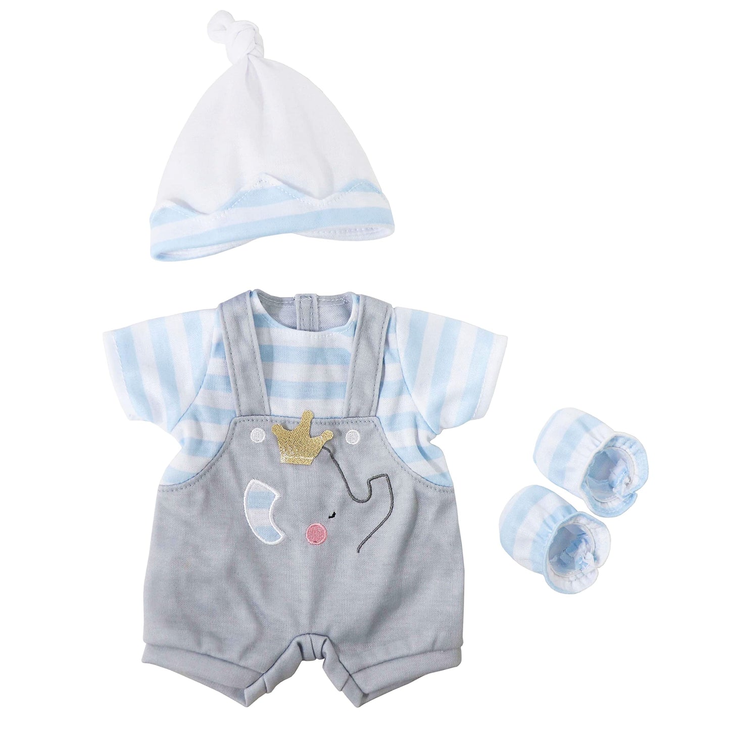 Jc Toys | Berenguer Boutique | Baby Doll Outfit | Gray Overall Shorts With Blue Stripes | Includes Headband And Booties | Ages 2+ | Fits Dolls 14'- 16'