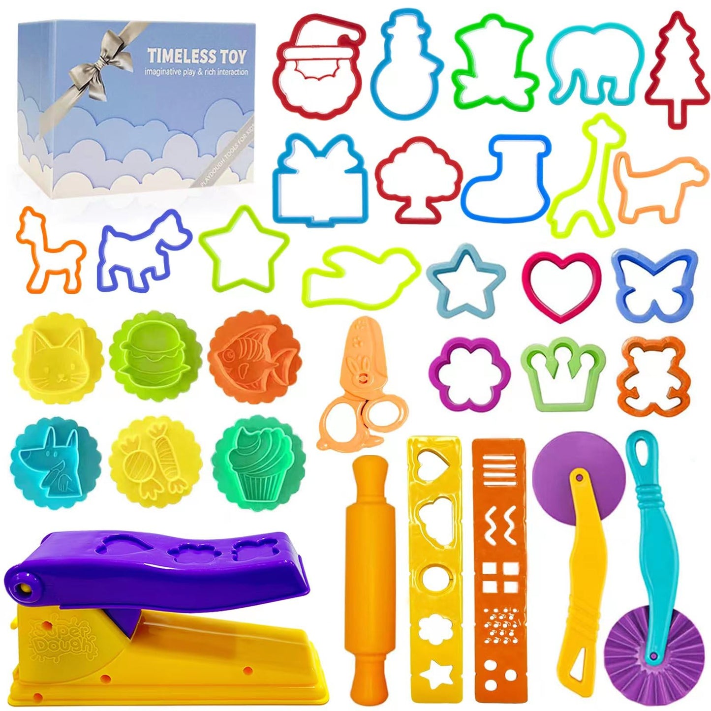 Dough Play Tools For Kids- Dough Accessories Molds Stamps Cutter Scissor Rolling Pin And Storage Box , Party Favors Set For Age