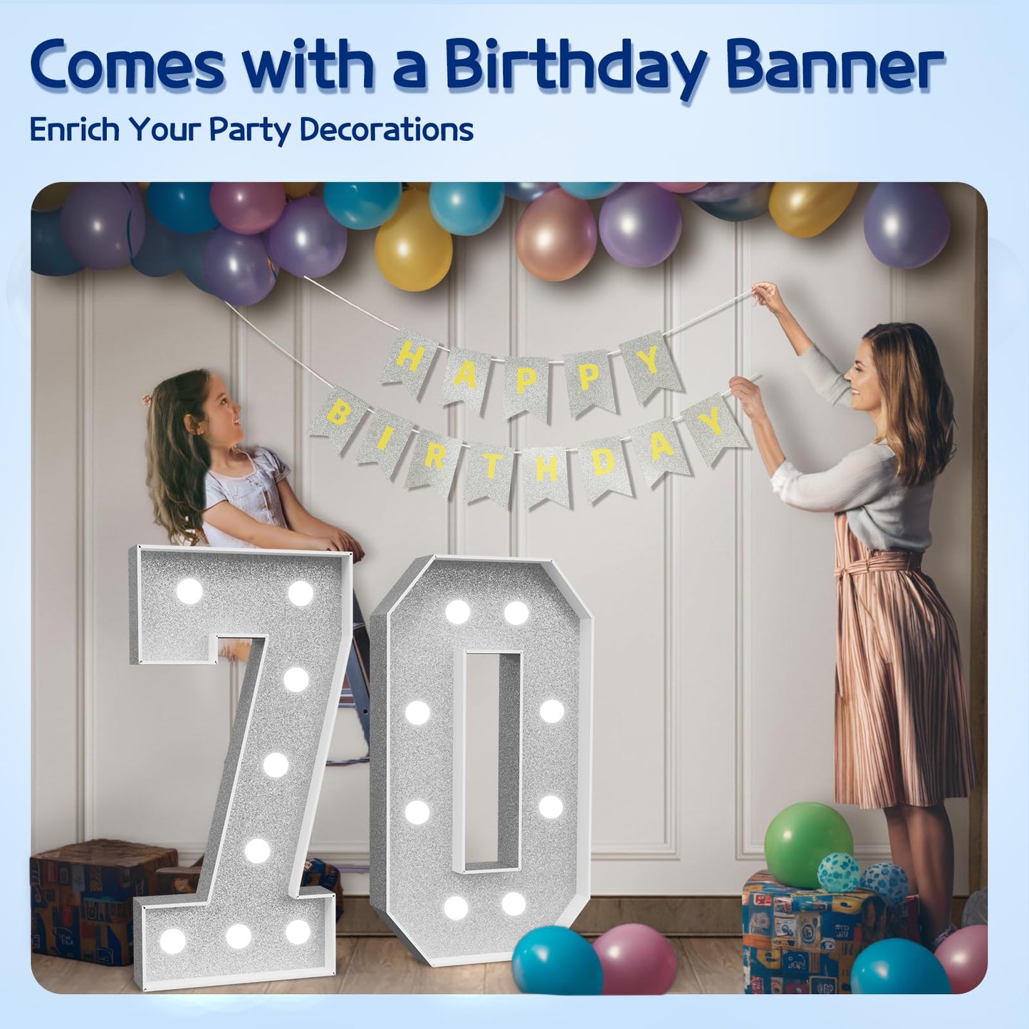 Imprsv Marquee Numbers Silver 70Th-Birthday Decorations: Large 3Ft Light Up Number Grey 70 Birthday Decoration For Women Men Ann