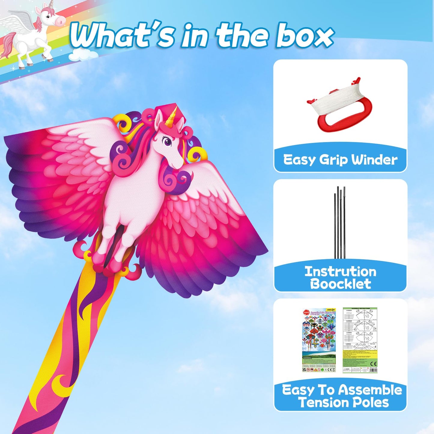YongnKids Unicorn Kite for Kids Age 4-8 8-12, Large Kites for Adults Easy to Fly with 328ft Kite String,Perfect Beginner Kites f