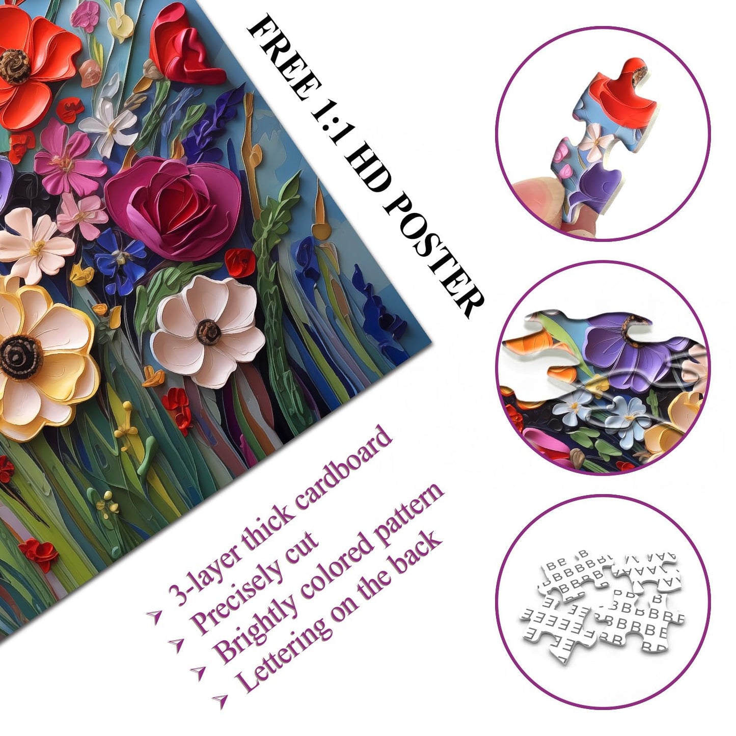 Colorful Flower Puzzles For Adults, Mosaic Plant Floral Puzzle Art, Spring Flower Garden Jigsaw Puzzles 1000 Pieces Painting