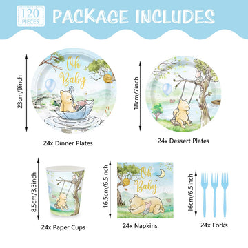 120pcs Winnie Plates Baby Shower Pooh Napkins Classic Bear Baby Shower Decorations Paper Cups Forks Oh Baby Disposable Tableware