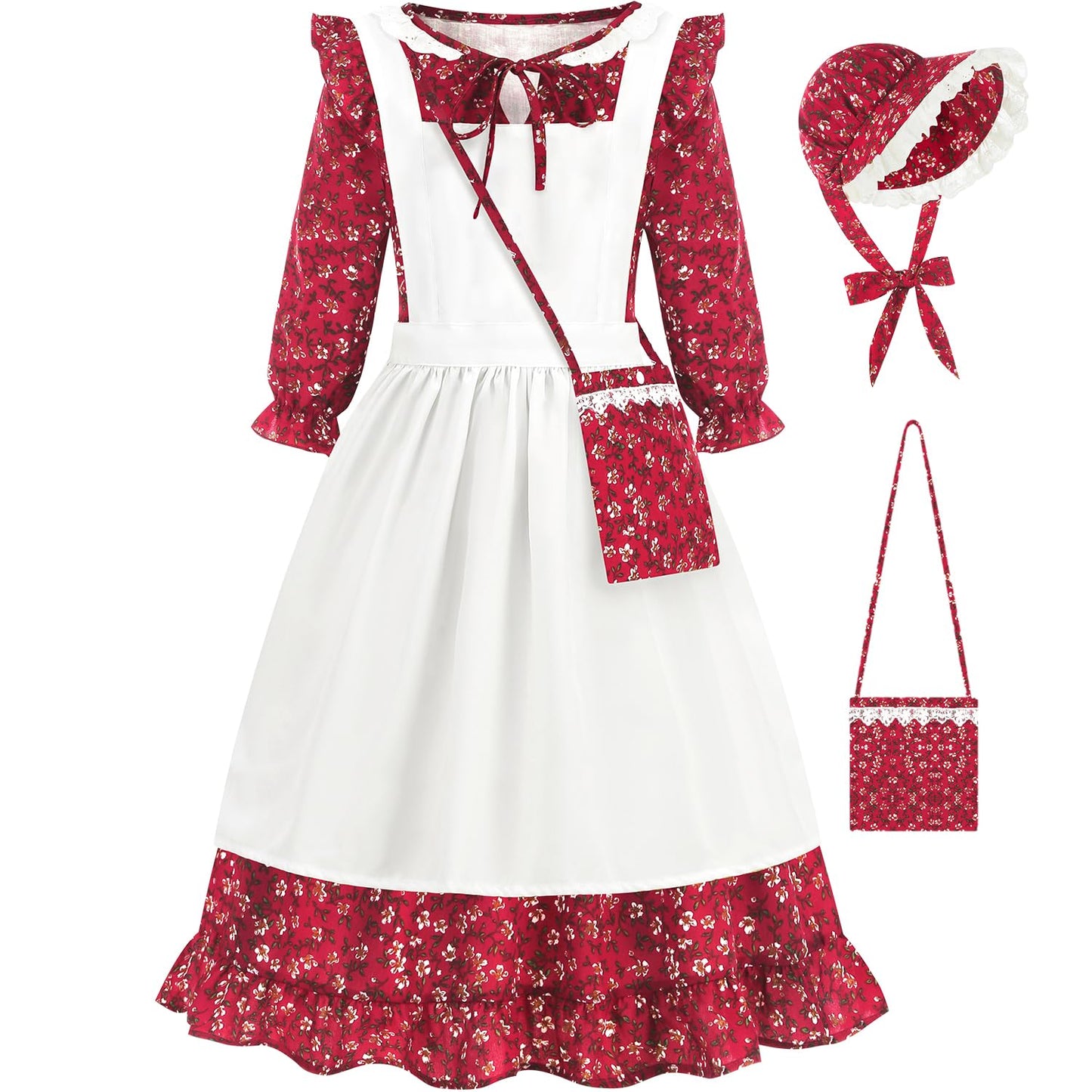 Aoiviss Pioneer Girls Dress Floral Colonial Prairie Costumes For Little Kids With Apron And Bonnet, Dark Red