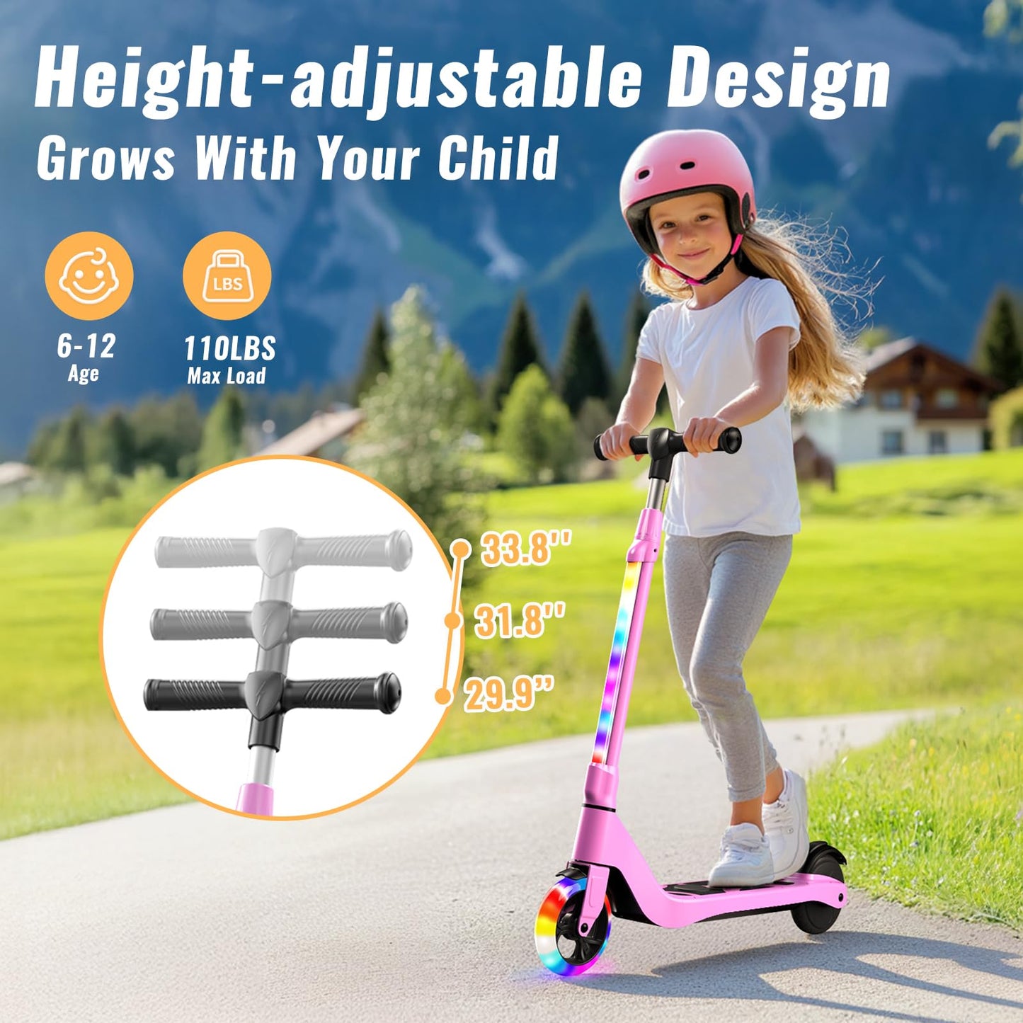 Lieagle Electric Scooter For Kids Age 6-12, 60W Motor, 5Miles Range, 6.2Mph, 5.3 '' Rubber Tires W/Rgb Wheel Lights & 7-Color He