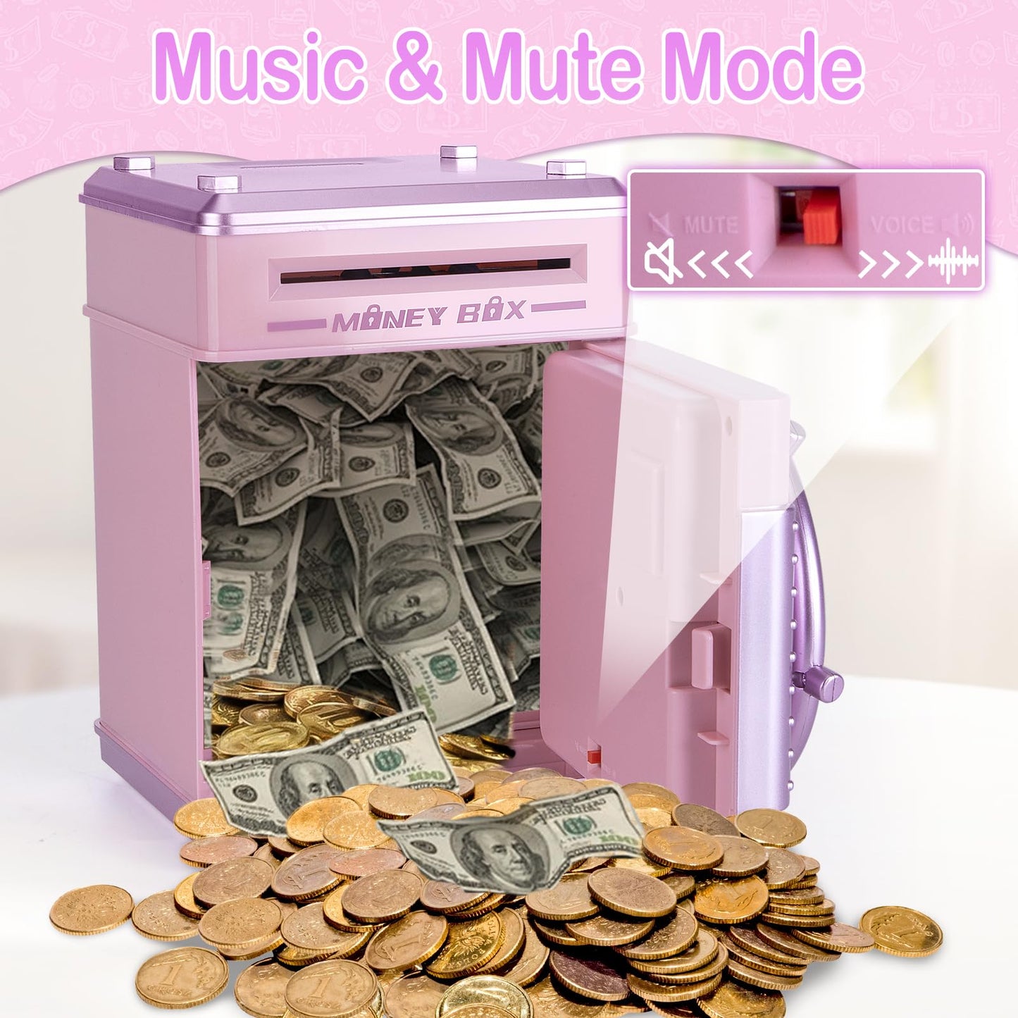 Refasy Electronic Money Bank for Girls, Pink ABS Piggy Bank with Fingerprint Simulation, Ideal for Ages 3-12, Birthday & Xmas Gifts