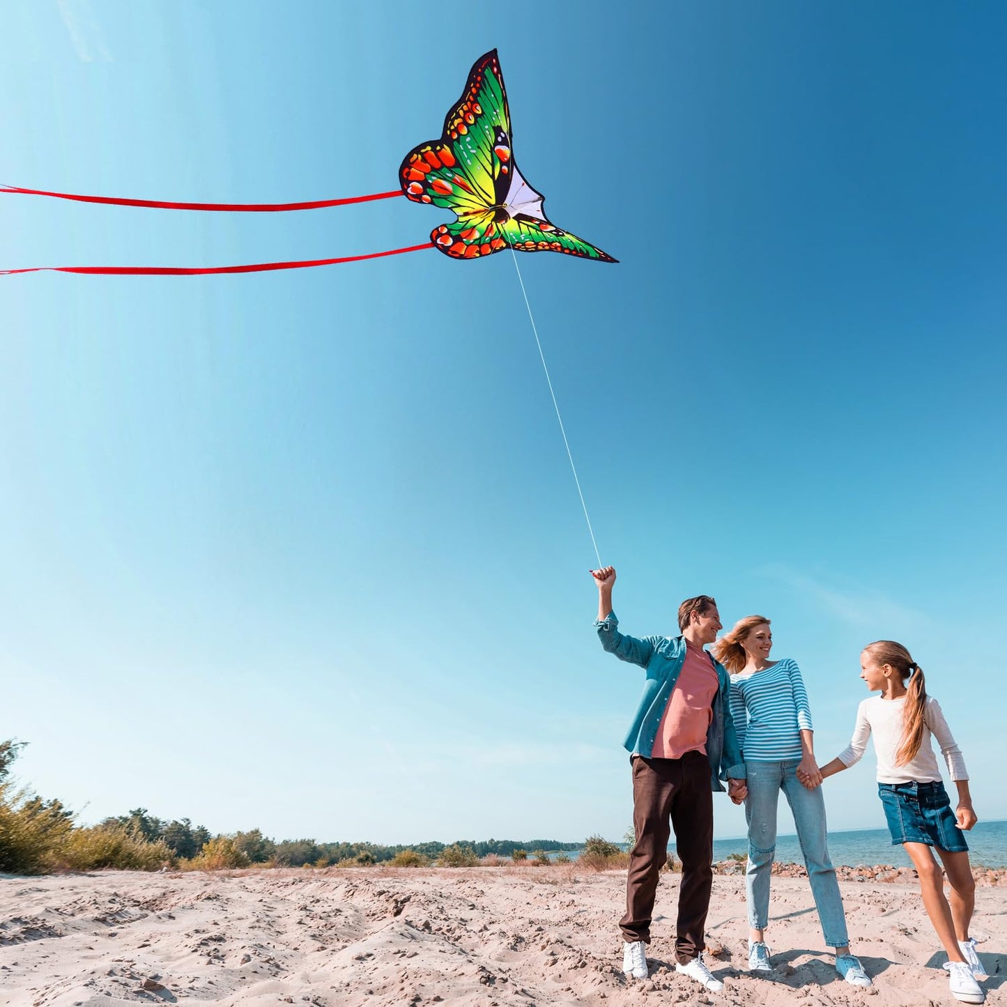 Honbo Rainbow Butterfly Kite For Adults,Single Line Kites For Kids Ages 4-8, Easy To Fly Kite With 200Ft Line And Kite Handle, Wonderful Kite For Beach, Park (Green)