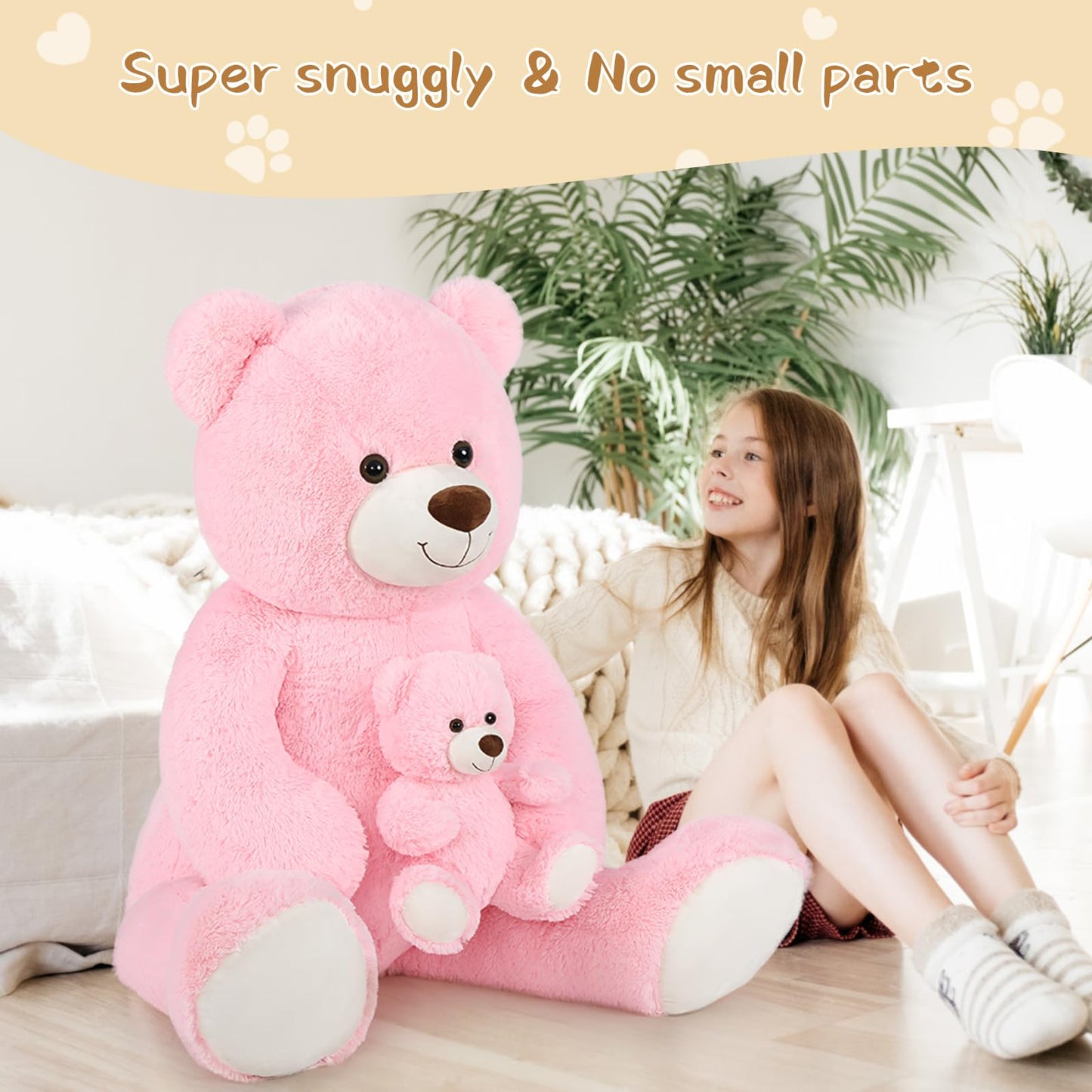 Tezituor Giant Teddy Bear Stuffed Animal 51In, Large Teddy Bear Mommy With Baby, Big Teddy Bear Stuffed Bear For Kids, Girlfriend On Mother'S Day, Valentine, Christmas, Baby Shower, Birthday, Pink