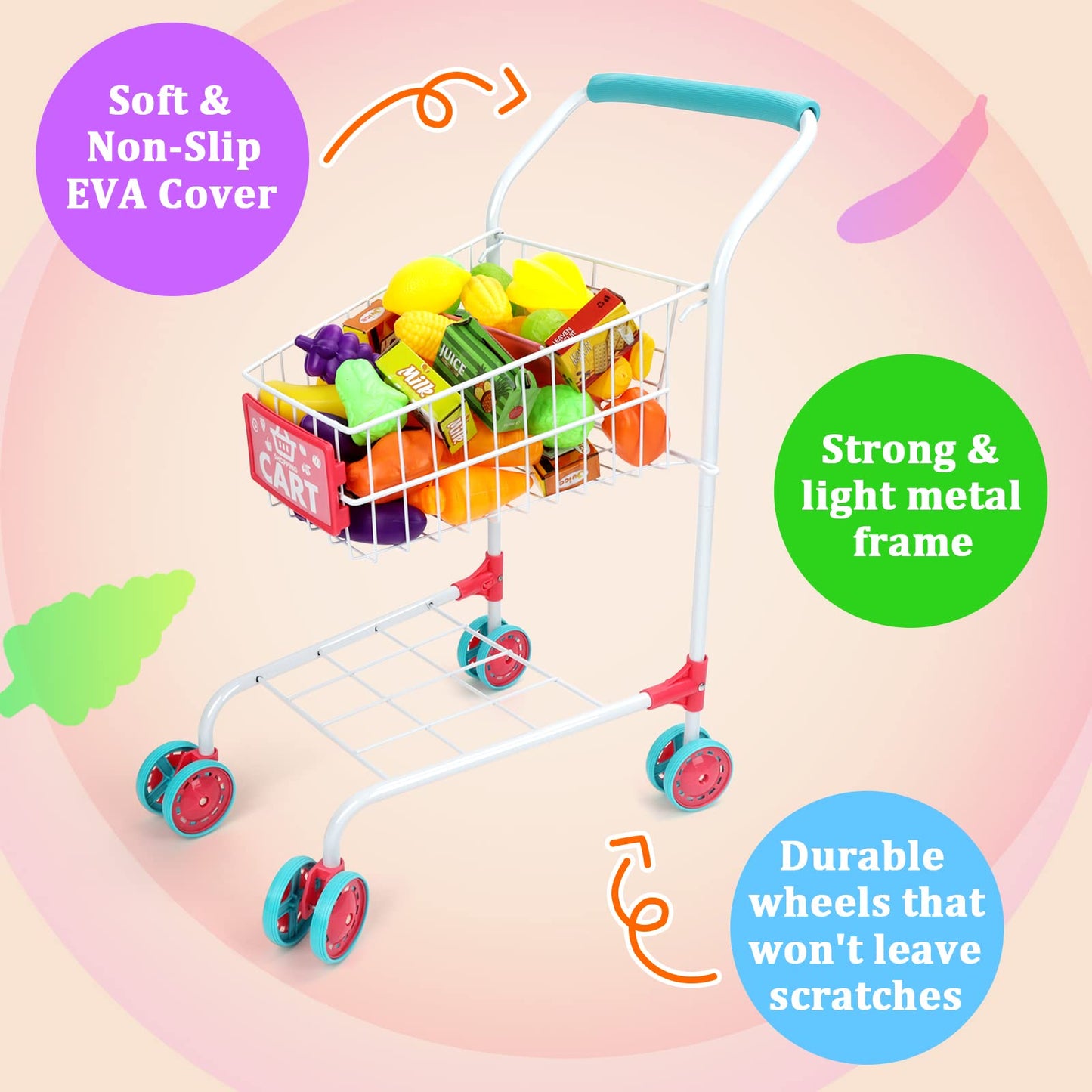 Deao Kids Shopping Cart Trolley With Sturdy Metal Frame For Toddlers 46 Pcs Food Fruit Vegetables Pretend Play Food Role Play,Ed