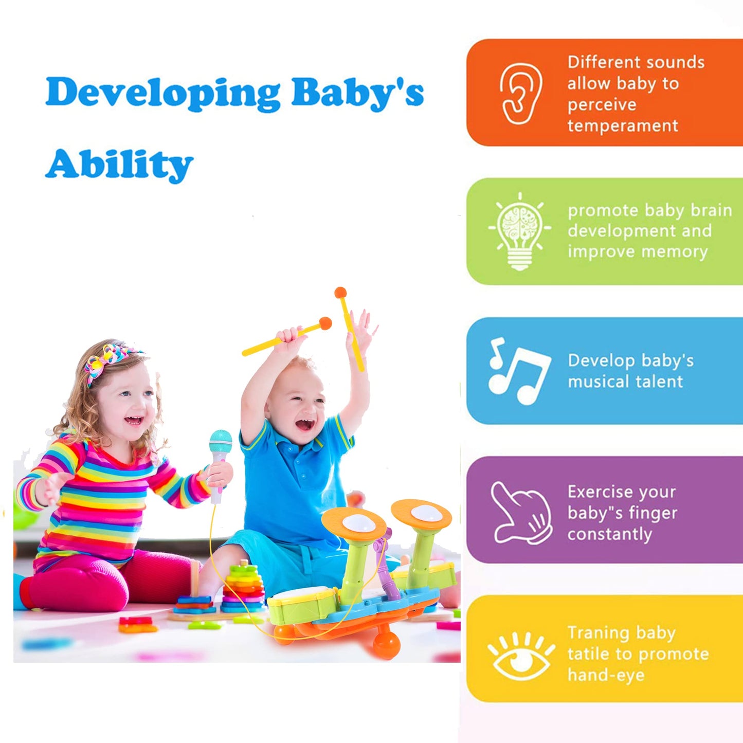 Cozybuy Kids Drum Set For Toddlers 1-3, Baby Drum Set Musical Instruments Toddlers Drum Toys With 2 Drum Sticks, Beats Flash Lig