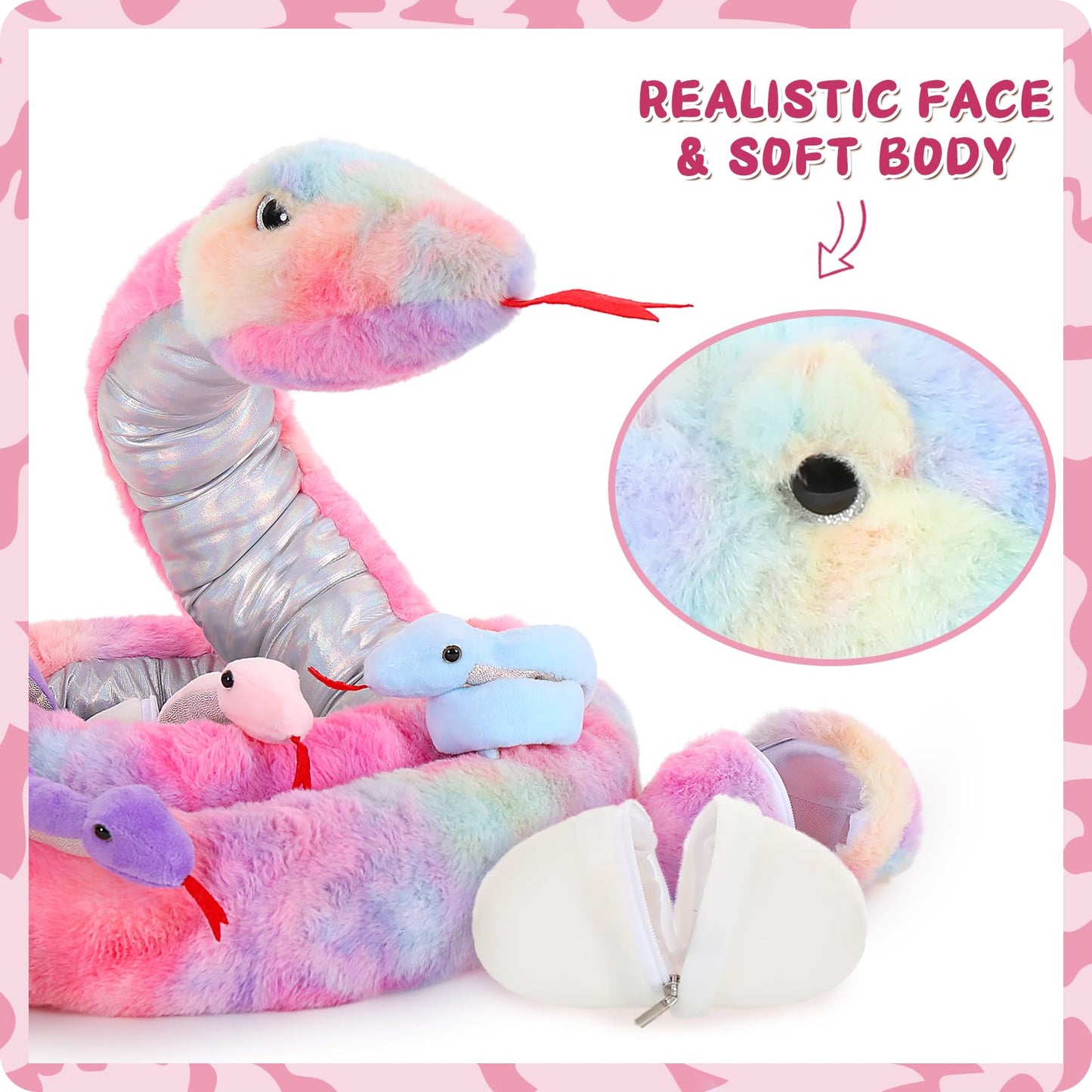 Morismos Giant Snake Stuffed Animal Mommy With Babies, Realistic Stuffed Snakes Plush Toy, 80' Long Green Boa Constrictor For Kids, Girls, Boys, Halloween, 3 Snake Babies, 3 Snake Eggs