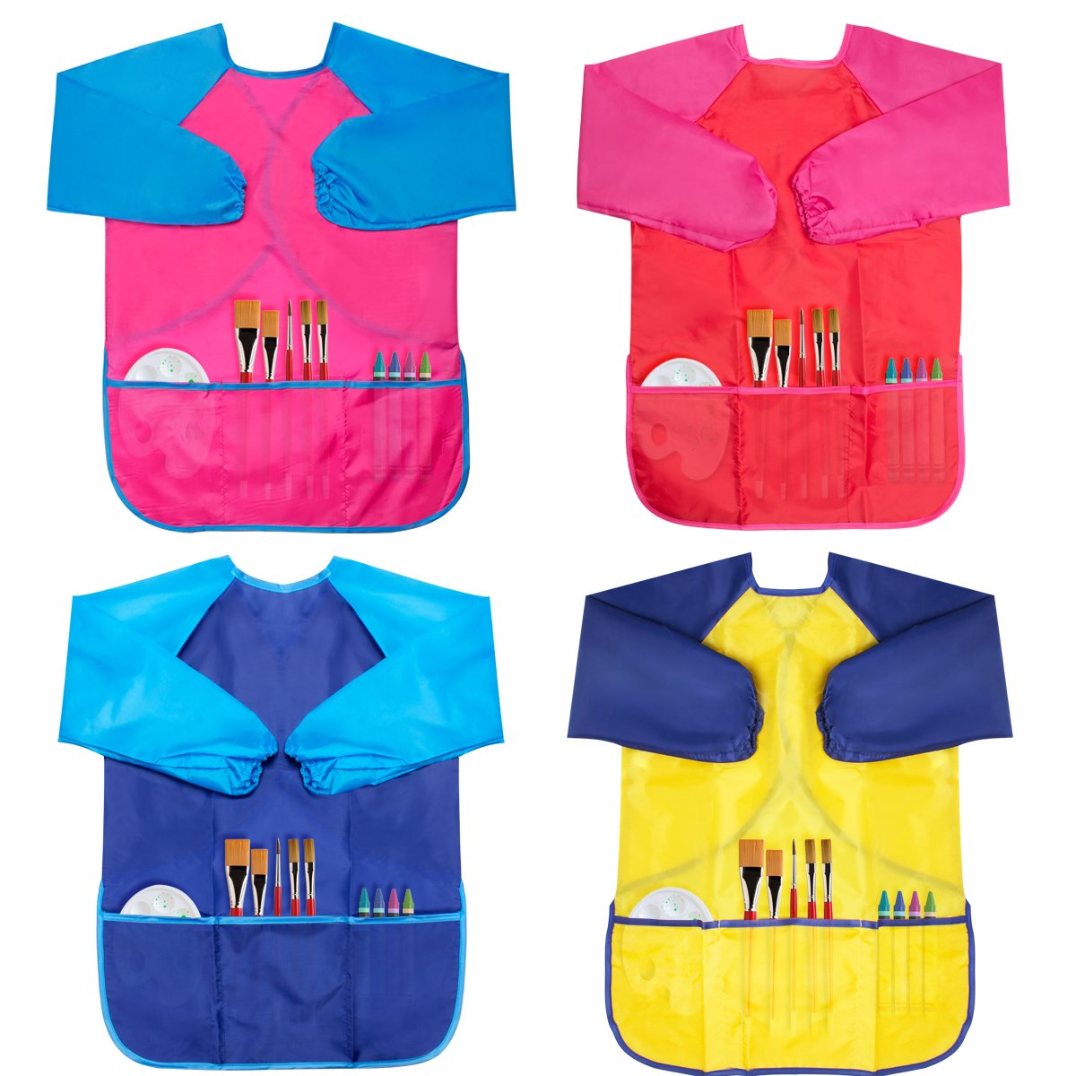 CUBACO 4 Pack Kids Art Smocks Children Waterproof Artist Painting Aprons with Long Sleeve and 3 Pockets for Age 3-8 Years