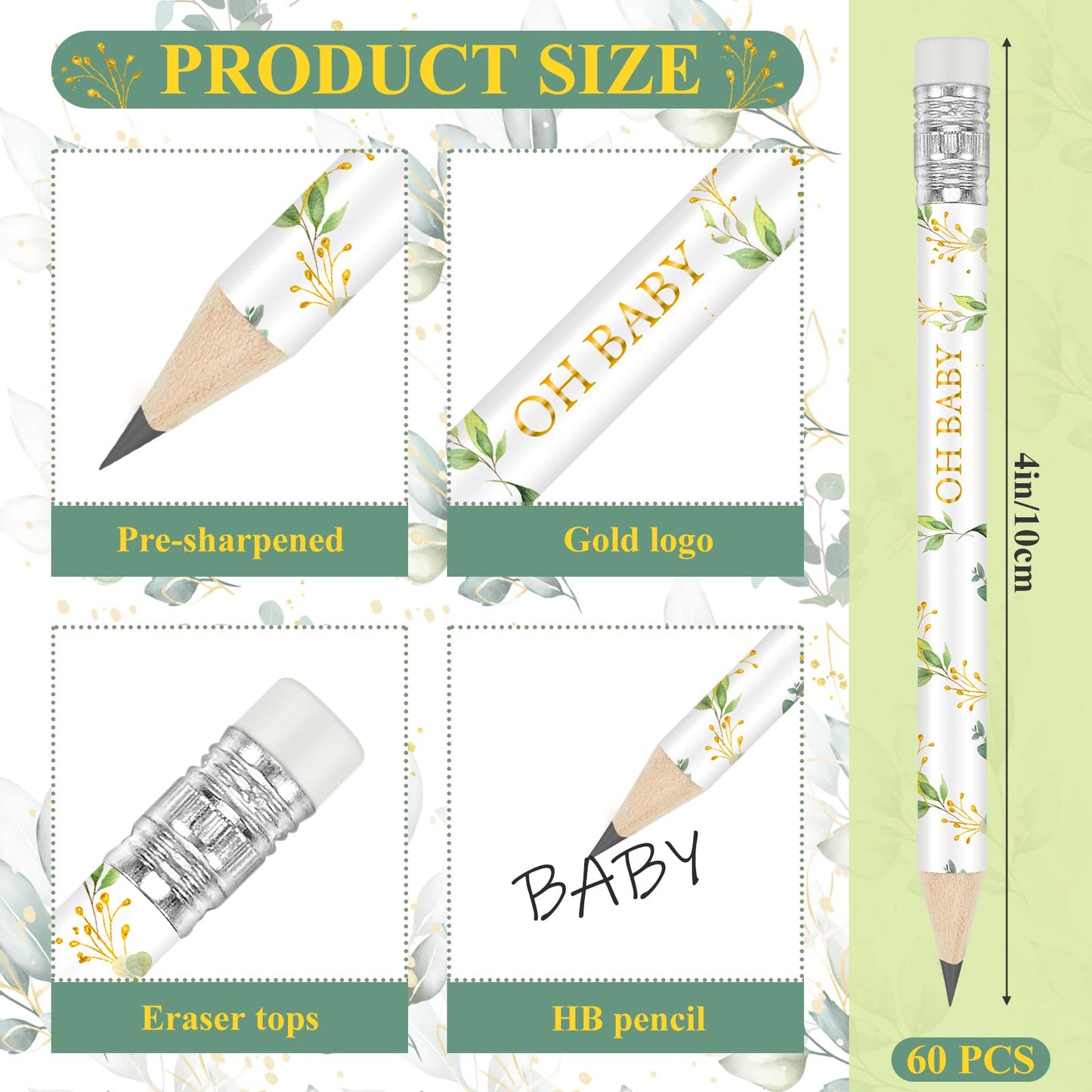 Tinlade 60 Pcs Sage Green Baby Shower Golf Pencils With Erasers Small Kids Sharpened Mini Pencils For School In Bloom Baby Shower Supplies