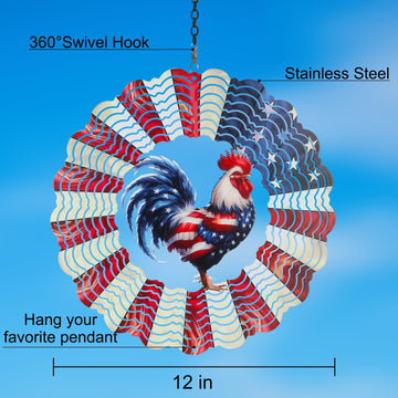 Rooster Metal Wind Spinners For Outdoor,Birthday Gifts For Women Mom Grandma, 12 Inch Garden Decor American Flag Wind Spinner Bi