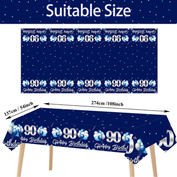 Turypaty 3 Packs 90Th Birthday Tablecloth Decoration For Men, Blue Silver Happy 90Th Birthday Table Cover Party Supplies, Ninety