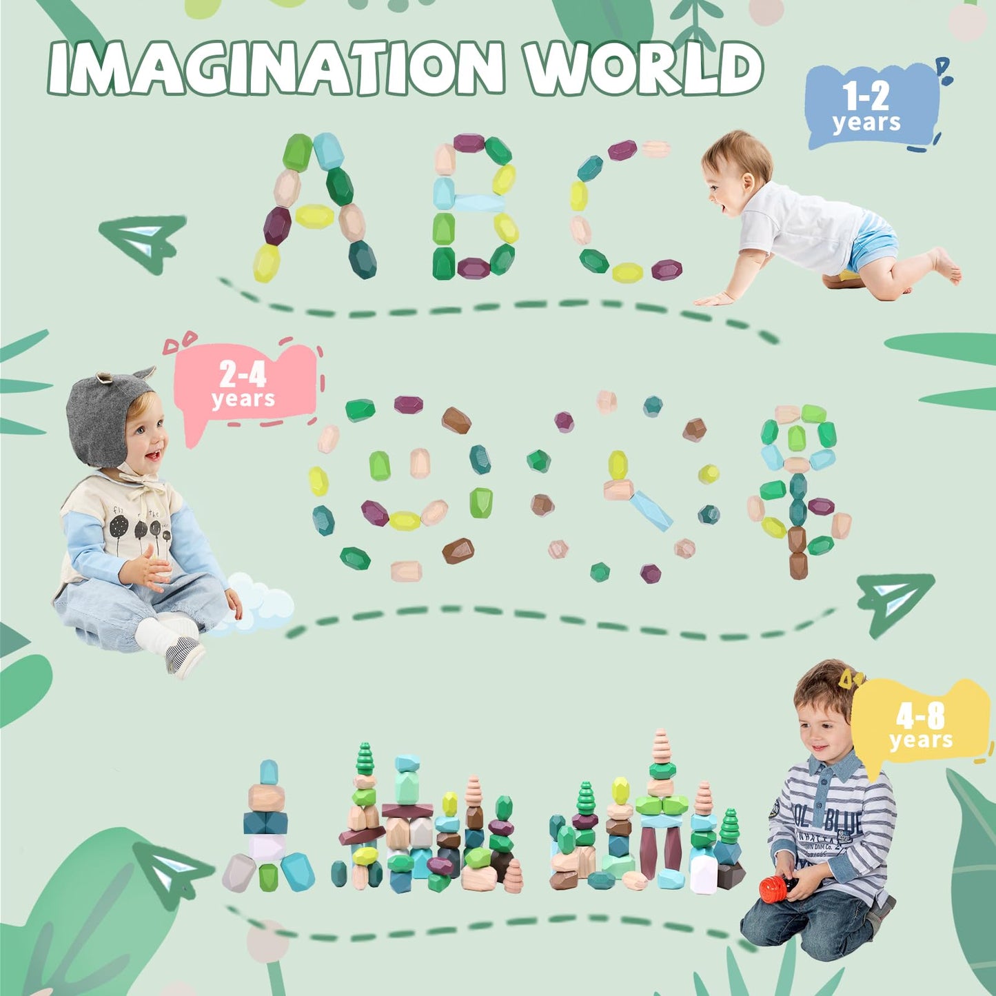Yhhytoy 40 Pcs Wooden Stacking Rocks Building Blocks Forest Theme, Sensory Learning Montessori Toys For 3 4 5 Year Old Kids, Pre
