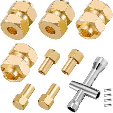 4 Pieces 7mm Brass Extended Hex Wheel Hubs RC Wheel Spacers Brass Weight Hex Hub Extended Combiner with a Cross Wrench Compatibl