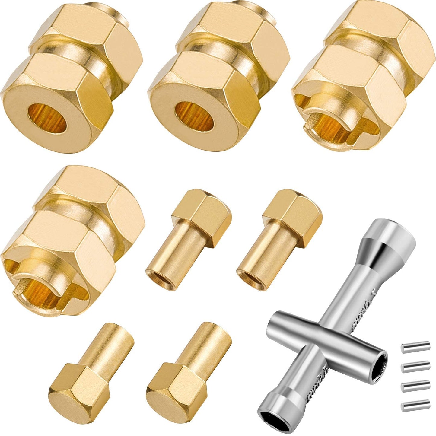 4 Pieces 7mm Brass Extended Hex Wheel Hubs RC Wheel Spacers Brass Weight Hex Hub Extended Combiner with a Cross Wrench Compatibl