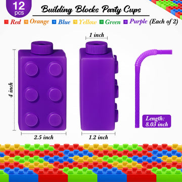 Sawysine 12 Set Building Blocks Cups 10 oz Blocks Reusable Party Favors Cup Plastic Colored Brick Drinking with Lids and Straws