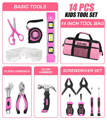 DOWELL 14-Piece Kids Tool Set - Pink Metal Tools with Storage Bag for DIY Building, Age 8+