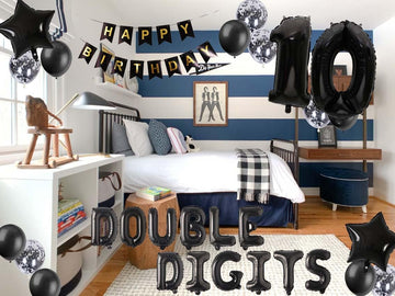 10Th Birthday Decorations For Boys, Double Digits 10Th Birthday Decoration, Black 10Th Birthday Banner Number 10 Foil Balloons W